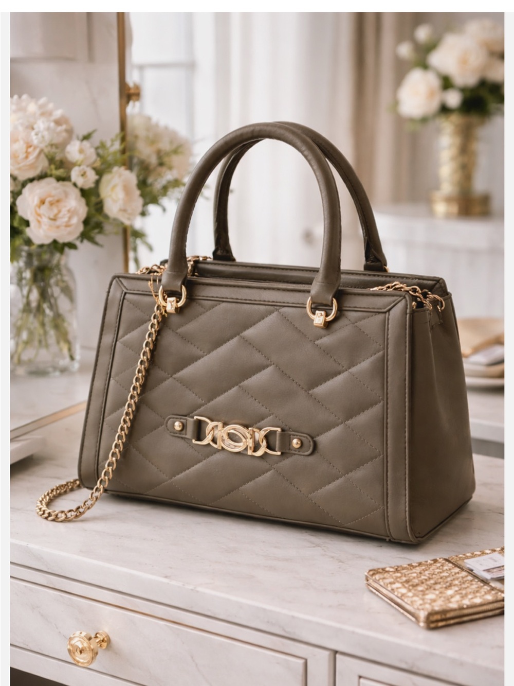 Jody Quilted Top-Handle Satchel in deep Green with Gold Hardware